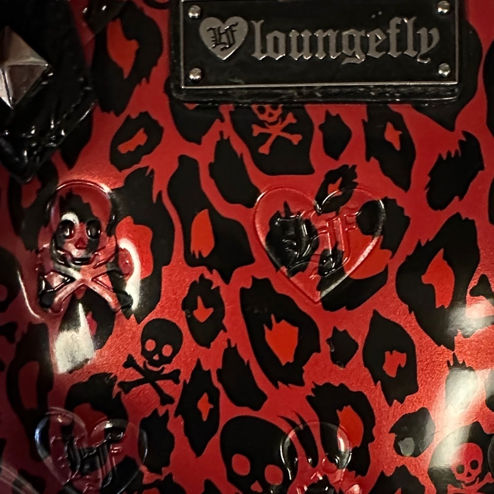 LOUNGEFLY Leopard Skull Embossed Dome Double Zipper Satchel Bag Purse Punk Goth - Picture 8 of 11